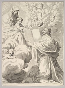 Kardinal Richelieu, kniend, überreicht sein Buch der Jungfrau und dem Kind, ca. 1646