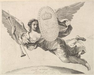 Ruhm trägt ein Schild mit dem Initial von Ludwig XIV La Renommée volant