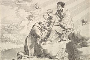 St. Franziskus von Assisi verehrt das Christkind auf dem Schoß der Jungfrau