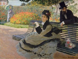 Camille Monet auf einer Gartenbank von Claude Monet