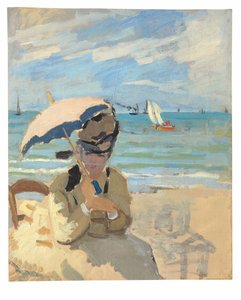 Camille sitzt am Strand von Trouville