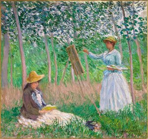 Im Wald von Giverny - Blanche Hoschedé an ihrer Staffelei mit Suzanne Hoschedé beim Lesen von Claude Monet