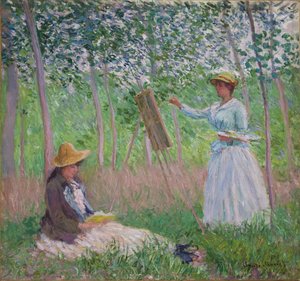 Im Wald von Giverny: Blanche Hoschedé an ihrer Staffelei mit Suzanne Hoschedé beim Lesen, 1887 von Claude Monet