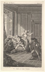 Ein Mann, der sich in einem Stuhl zusammenrollt, schaut auf einen anderen Mann, der von links auf ihn zukommt, ca. 1784 von Claude Nicolas Malapeau