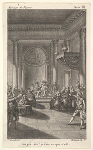 Ein Mann sitzt auf einem Stuhl auf einer Stufenplattform und hält eine Ansprache, zwei Männer zeigen auf ihn, ca. 1784