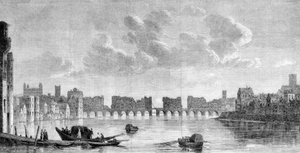 Die alte Londoner Brücke, zerstört durch das große Feuer von 1666. Stich nach einem Gemälde von Claude de Jongh (1650) im Museum von South Kensington