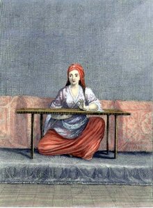 Türkische Frau beim Sticken, graviert von C. du Bose, frühes 18. Jahrhundert von Claude du Bose