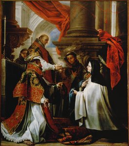 Die Kommunion der Heiligen Theresa von Avila; Petrus von Alcantara bietet die Hostie an, Heiliger Franziskus und Heiliger Antonius von Padua assistieren als Diakone