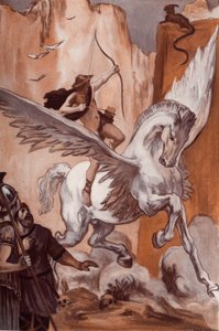 Die Geschichte von Bellerophon: Bellerophon auf seinem Pferd Pegasos tötet die Chimäre. Illustration von Clement Gontier für Homers 