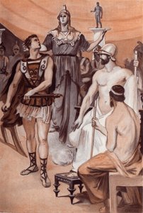 Der Streit zwischen Achilles und Agamemnon: Minerva steigt vom Himmel herab und ergreift Achilles an den Haaren, um ihn daran zu hindern, sein Schwert gegen Agamemnon zu ziehen. Illustration von Clement Gontier (1876-1918) für Homers 
