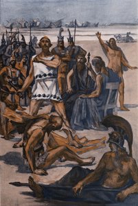 Thersites wird von Odysseus geschlagen. Illustration von Clement Gontier (1876-1918) für Homers 