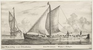 Verschiedene Schiffe und Ansichten von Amsterdam, Teil II: Ein Wasserschiff auf dem Weg zu den Soutketen. Ein Brauerwasserschiff