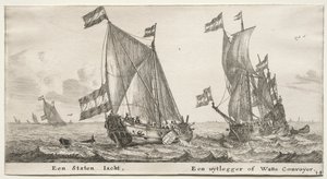 Verschiedene Schiffe und Ansichten von Amsterdam, Teil II: Niederländische Admiralitätsyacht. Ein Wachschiff von Clement de Jonghe
