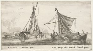 Verschiedene Schiffe und Ansichten von Amsterdam (Verscheyde Schepen en Gesichten van Amstelredam), Teil II: Ein friesischer Torfkahn. Der Dÿnop, nahe dem Veensche Torfteich von Clement de Jonghe
