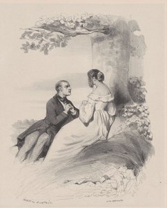 Mann macht einer Frau einen Antrag, deren Gesicht von Haaren verdeckt ist, ca. 1830-65