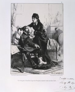 Deutsch-Französischer Krieg 1870-1871: Ein verwundeter Soldat wird gepflegt und genährt. Aus einer Serie von Lithografien von Clément Auguste Andrieux über die Nationalgarden. von Clément Auguste Andrieux