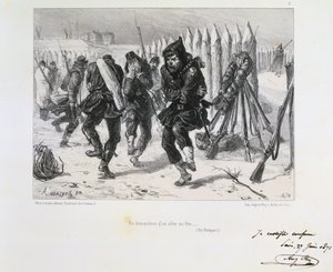 Deutsch-Französischer Krieg 1870-1871. Belagerung von Paris 19. Sept. 1870-28. Jan. 1871. Soldaten auf den Wällen springen herum, um sich warm zu halten. Aus einer Serie von Lithografien von Clément Auguste Andrieux über die Nationalgarden. von Clément Auguste Andrieux