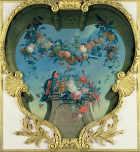 Girlande aus Früchten über einem Sockel mit Blumen und einem rot-grünen Papagei, ca. 1730-31