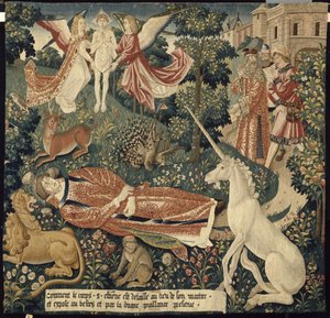 Einhorn. Aus: La Tenture de saint Étienne. Szene 8: Der Körper des Märtyrers den Tieren ausgesetzt, ca. 1500 von Colijn de Coter after