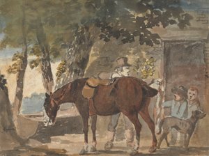 Ein Pferd, Hund und Figuren vor einem Cottage