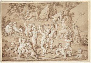 Eine große Gruppe von Putti, die zufrieden an einem Bach spielen