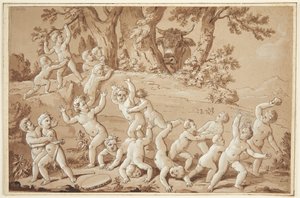 Eine große Gruppe von Putti in Schrecken versetzt durch die Ankunft eines Stiers