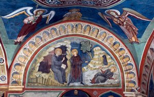 Das Wunder des heiligen Placide. Der heilige Benedikt von Nursia rettet dank der Intervention von Saint Maur seinen ersten Jünger den jungen Placide, der im Strom eines Sees gefangen ist. Fresko von Meister Consolo (13. Jahrhundert)