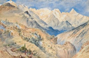 Die Khylas-Gipfel und das Dorf Pangi drei Meilen oberhalb von CHINE am Sutledge von Constance Frederica Gordon Cumming