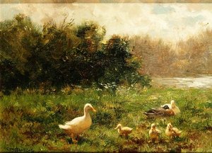 Ente und Entenküken am Flussufer