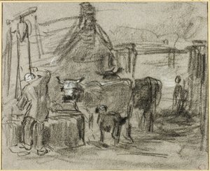 Bauernhof mit Mann und Vieh von Constant Troyon