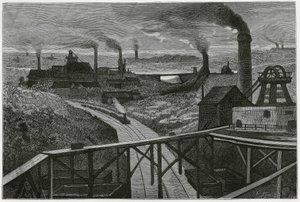 Kohlebergbau und Terrils (Aspekte der Contree Boraine). Gravur von Constant Meunier, zur Illustration der Geschichte „Belgien“, von Camille Lemonnier (1844-1913), belgischer Schriftsteller. Veröffentlicht in Le Tour du monde, 2. Semester 1884.