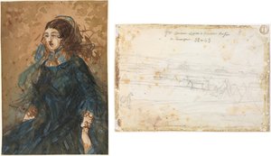 Frau in einem blauen Kleid (recto); Kriegslager-Szene (verso) von Constantin Guys