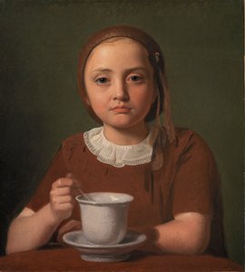 Porträt eines kleinen Mädchens, Elise Købke, mit einer Tasse vor sich, 1850