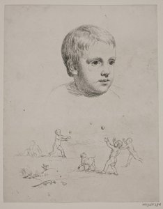 Oben Porträt von T. N. Thiele als Kind, unten vier Jungen, die Ball spielen von Constantin Hansen