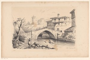 Brücke über Fluss im Bergdorf von Constantinus Cornelis Huysmans