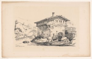 Haus mit Wassermühle im Bergdorf