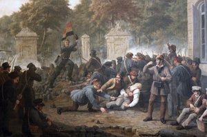 Revolutionäre Barrikade gegenüber dem Park von Brüssel während der Kämpfe zwischen belgischen Rebellen und niederländischen Truppen im Jahr 1830