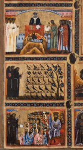 Bardi-St.-Franziskus-Altarbild und zwanzig Geschichten aus seinem Leben, Details von oben: die Schaffung der Krippenszene in Greccio, St. Franziskus predigt den Vögeln, St. Franziskus predigt den Muslimen vor dem Sultan, 1245-50 von Coppo di Marcovaldo