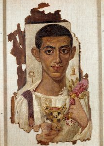 Antikes Ägypten: Porträt von Ammonios: Darstellung eines Mannes, der einen goldenen Kantharos mit Smaragden hält und mit Wein gefüllt ist, was ihn als Dionysos identifiziert. In der linken Hand goldene Ritter, der Rosenkranz, Symbol der Wiedergeburt, nahe 