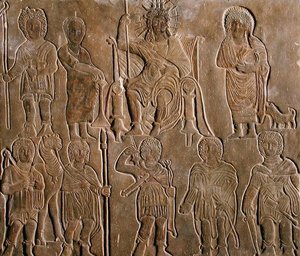 Relief, das einen vergöttlichten römischen Kaiser zeigt, der Huldigung von ägyptischen Nomaden erhält von Coptic
