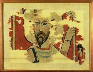 Gewebter Wandbehang mit dem Kopf des Hl. Theodor, aus Achmim, Ägypten, ca. 500-600