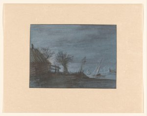 Bauernhaus mit Kopfweide und Segelschiffen auf offenem Wasser von Cornelia Alida Westerhof