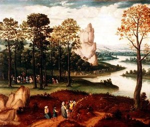Weitläufige bewaldete Flusslandschaft mit Johannes dem Täufer predigend von Cornelis (after) Massys