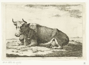 Landschaft mit liegender Kuh mit Hörnern