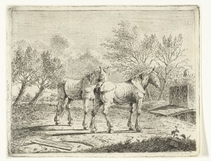Weidelandschaft mit zwei Pferden bei Brücke und Bauernhof von Cornelis  Bisschop