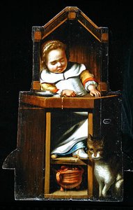 Attrappe, die einen schlafenden Jungen in einem Hochstuhl darstellt von Cornelis Bisschop