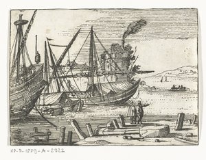 Hafenszene mit zwei Segelschiffen und einer Galeone, zwei Männer stehen auf dem Kai