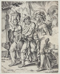 Lot und seine Töchter verlassen das brennende Sodom von Cornelis Bos