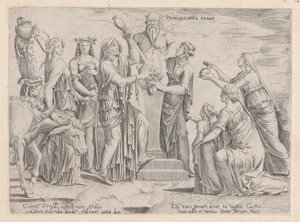 Speculum Romanae Magnificentiae: Acht Frauen opfern Priapus, 16. Jahrhundert von Cornelis Bos.