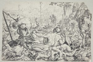 Die eherne Schlange und die Geißel der feurigen Schlangen von Cornelis Bos